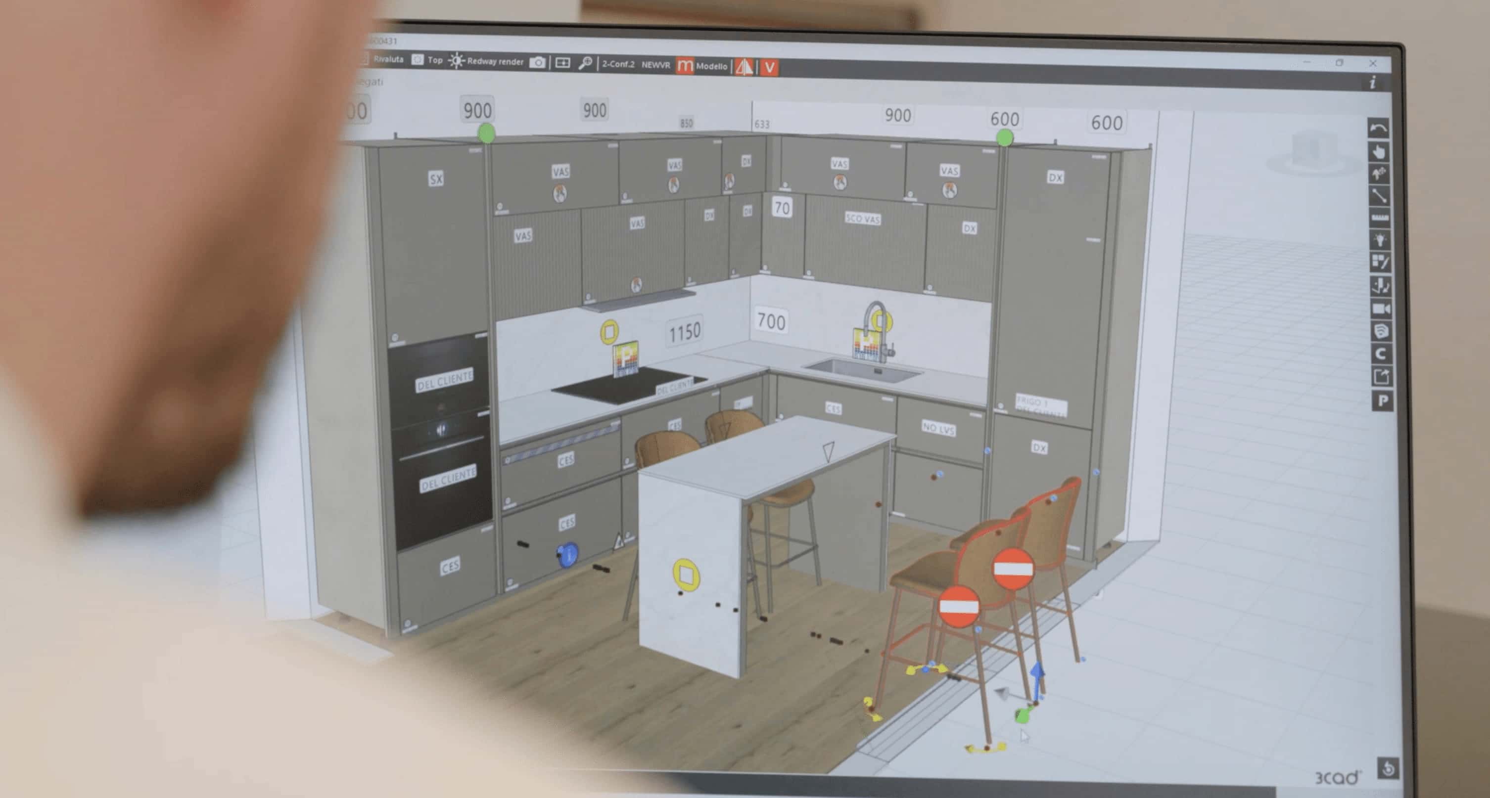 Schermo con software di progettazione 3D di una cucina moderna, con misure e layout tecnico